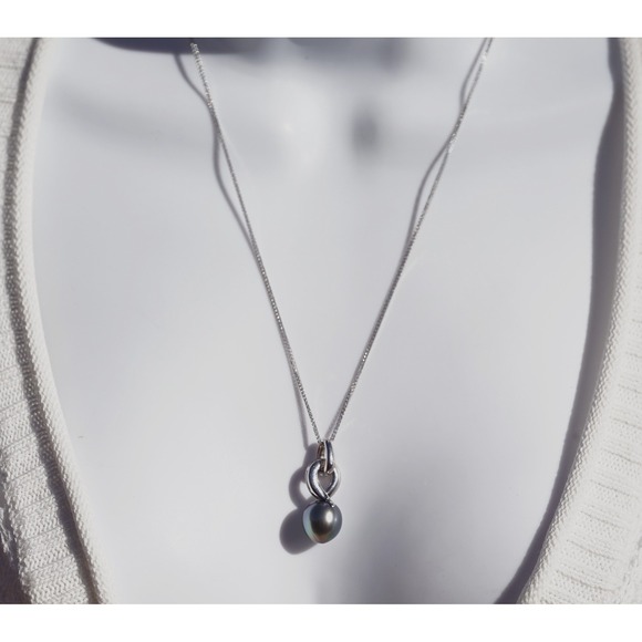 Vintage 18k Solid Gold Cultured Tahitian Black Pearl Pendant Necklace 12.3mm - Picture 4 of 13